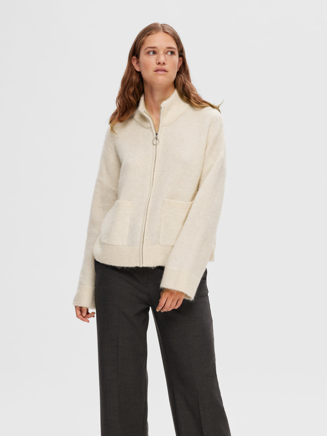 Sia Ras Zipper Strikket Cardigan - Beige/ Birch